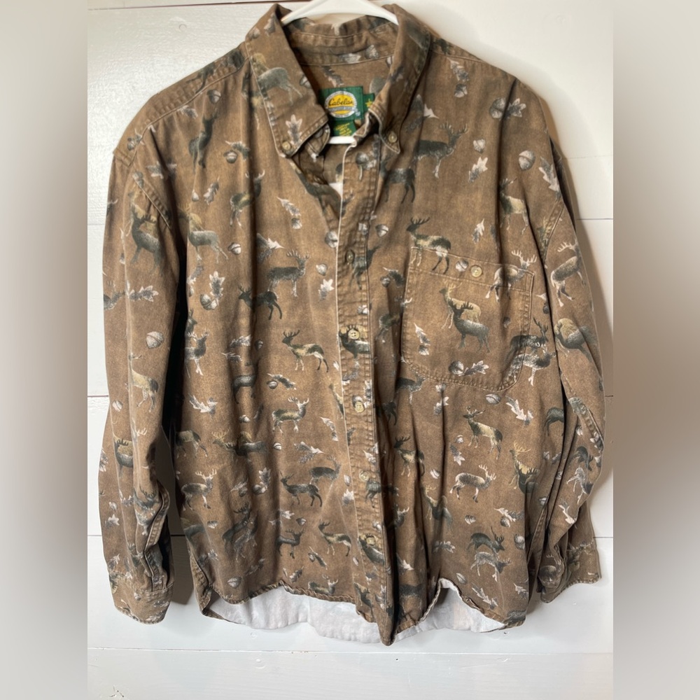 Cabela's Deer Print Long Sleeve Button Down Shirt Size XL